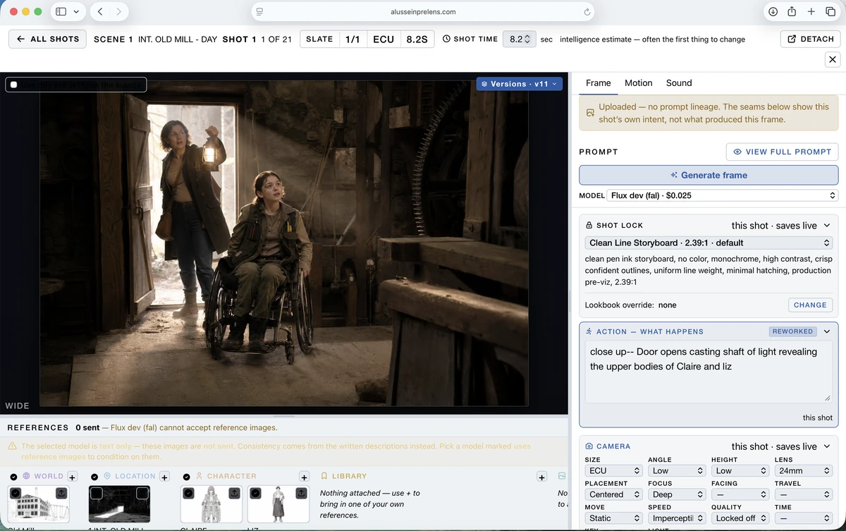 Pre Lens frame workspace — a shot in frame with its reference plates, camera grid and prompt controls